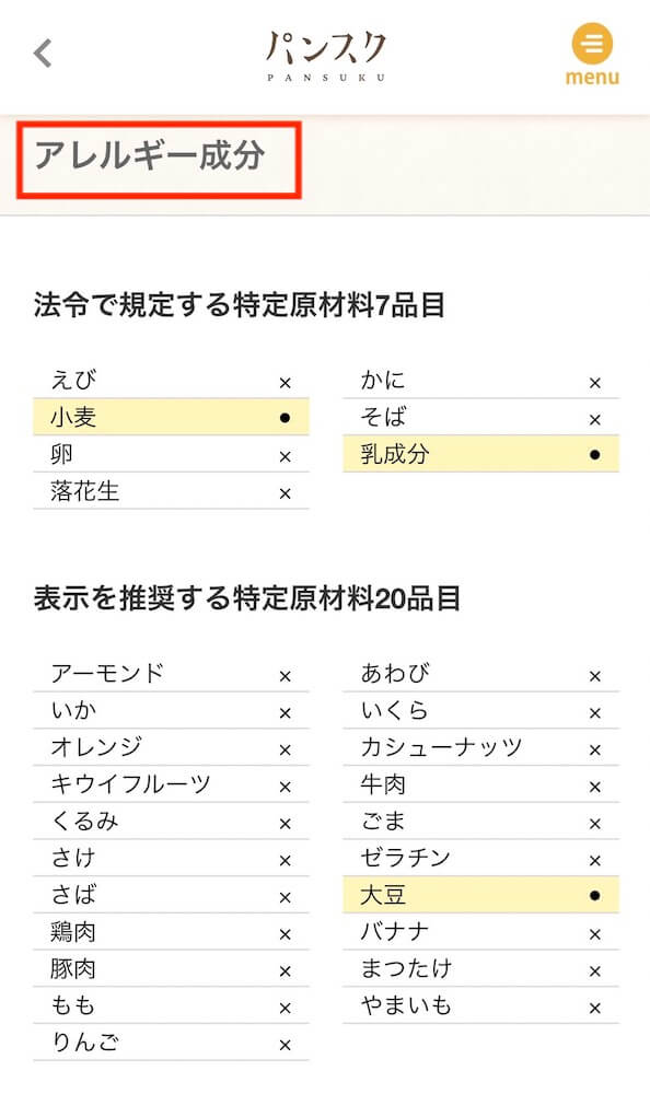 パンスク　アレルギー表示